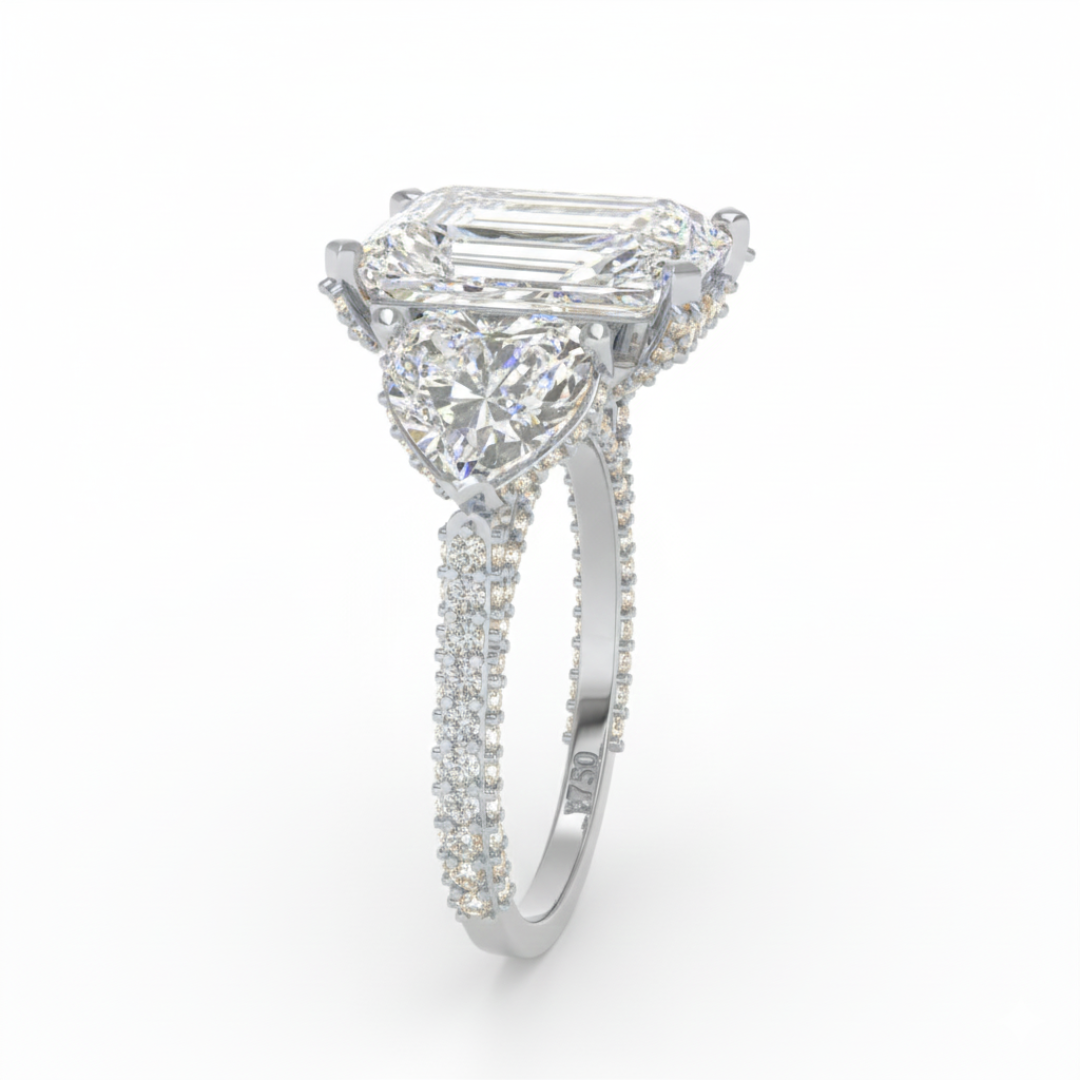 Victoria Radiant Cut Diamond Engagement Ring with Heart Cut Side Diamonds and 3D Diamond Band