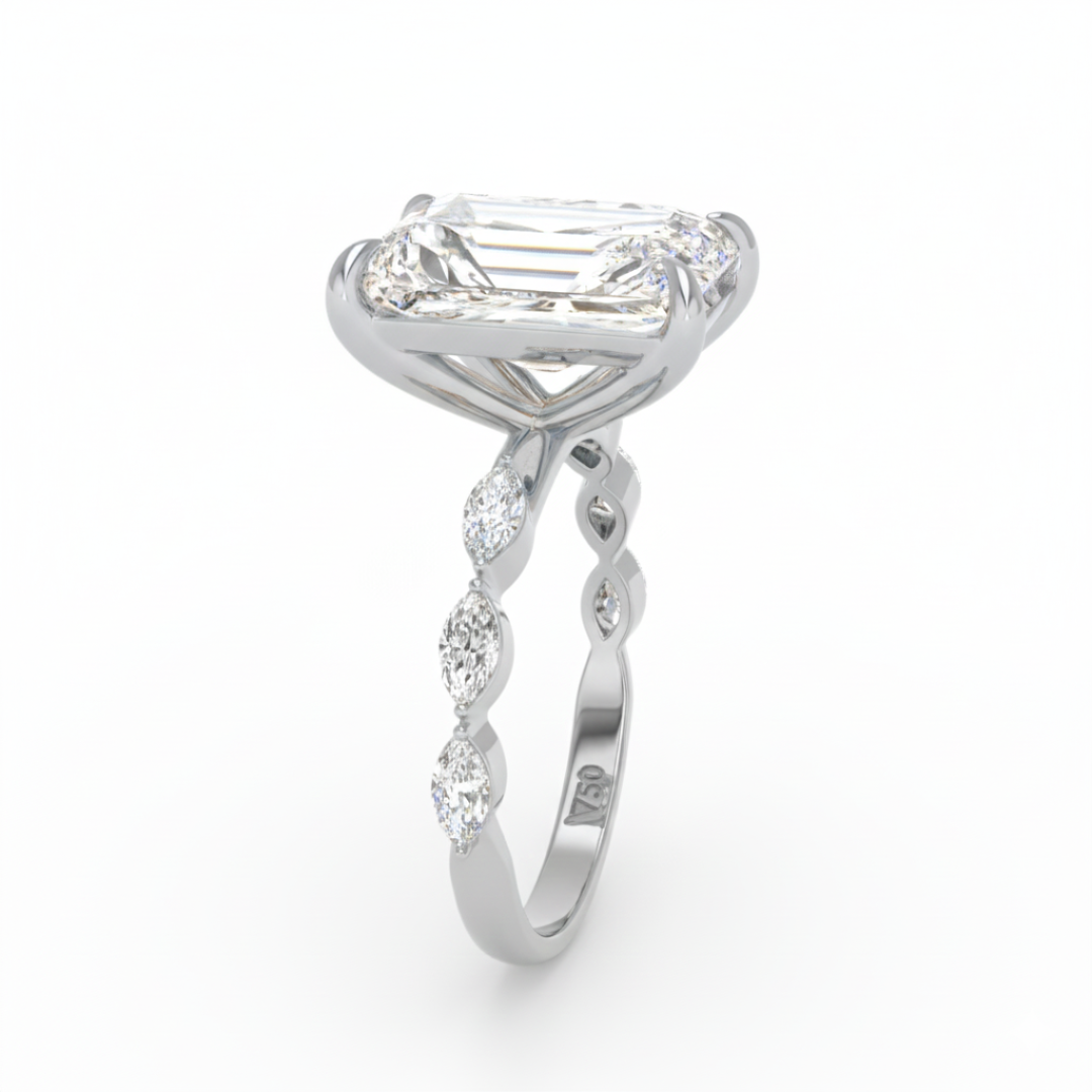 Kasandra Radiant Cut Diamond Engagement Ring With A Marquise Cut Diamond Band