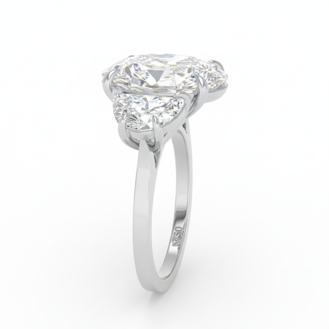 Kamala Oval Cut Diamond Engagement Ring with Half Moon Cut Side Diamonds