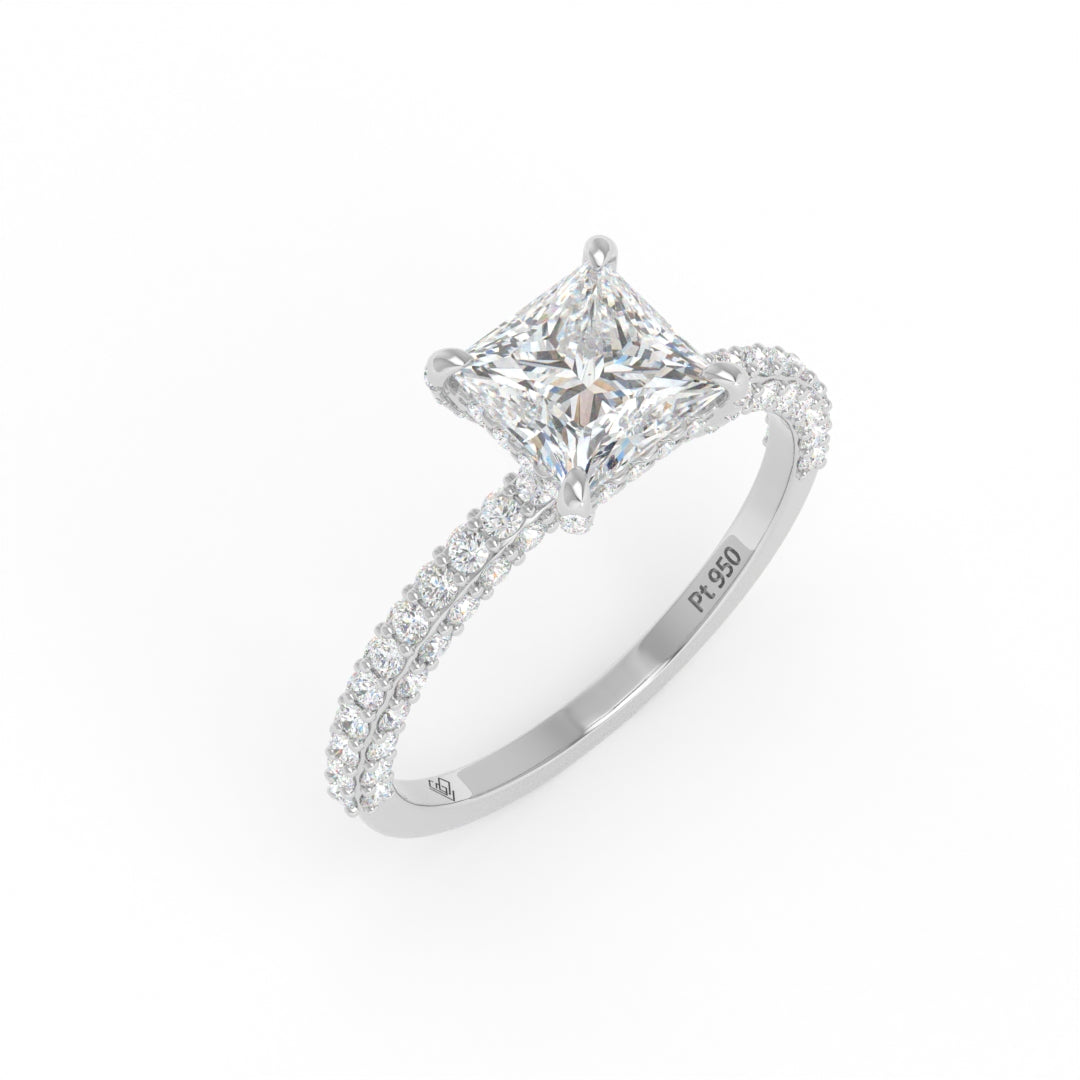 Bague de fiançailles Mia en diamant taille princesse avec halo de diamants cachés et anneau en diamant 3D