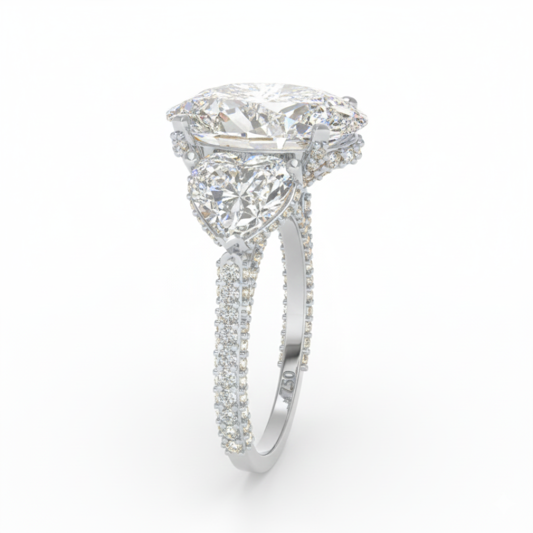 Victoria Oval Cut Diamond Engagement Ring with Heart Cut Side Diamonds and 3D Diamond Band
