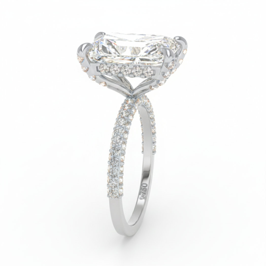 Bague de fiançailles Mia en diamant taille radiant avec halo de diamants cachés et anneau en diamant 3D