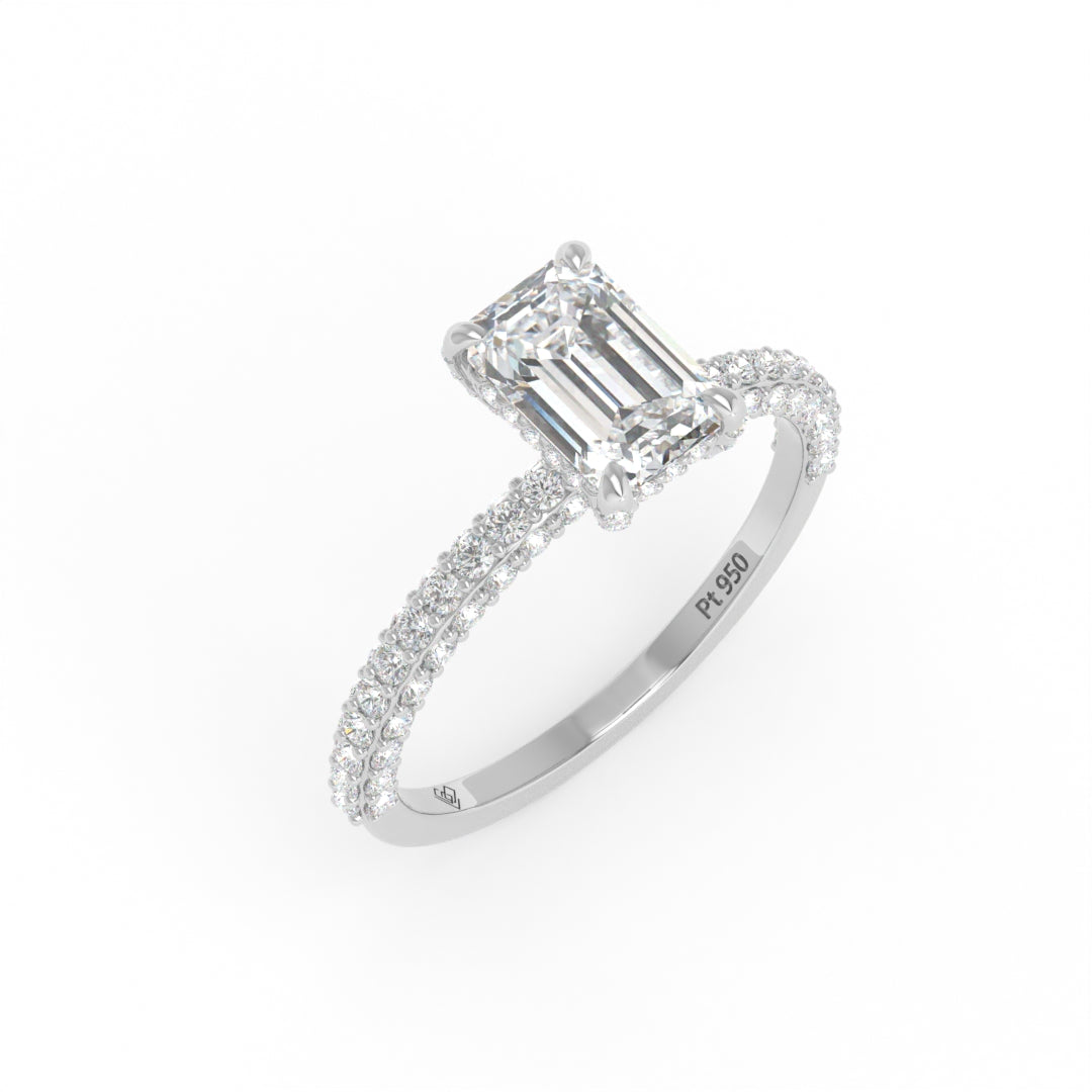 Mia Emerald Cut Diamond Engagement Ring with Diamond Hidden Halo and 3D Diamond Band