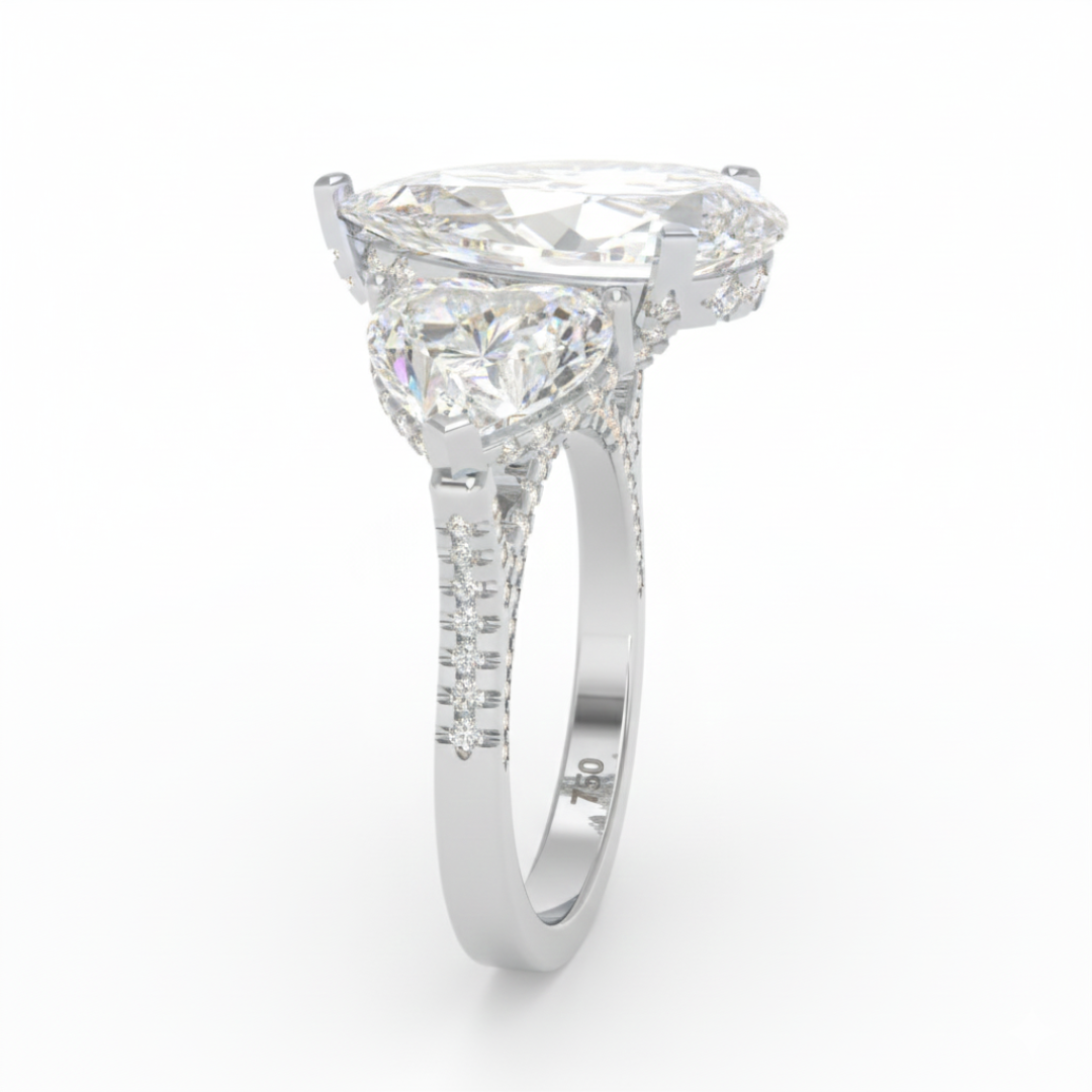Victoria Pear Cut Diamond Engagement Ring with Heart Cut Side Diamonds and 3D Diamond Band