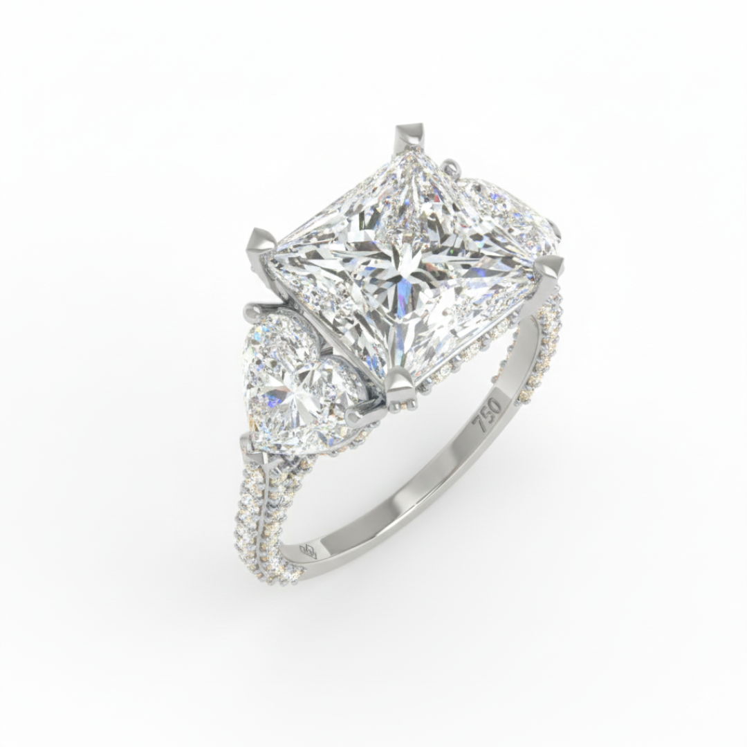 Victoria Princess Cut Diamond Engagement Ring with Heart Cut Side Diamonds and 3D Diamond Band