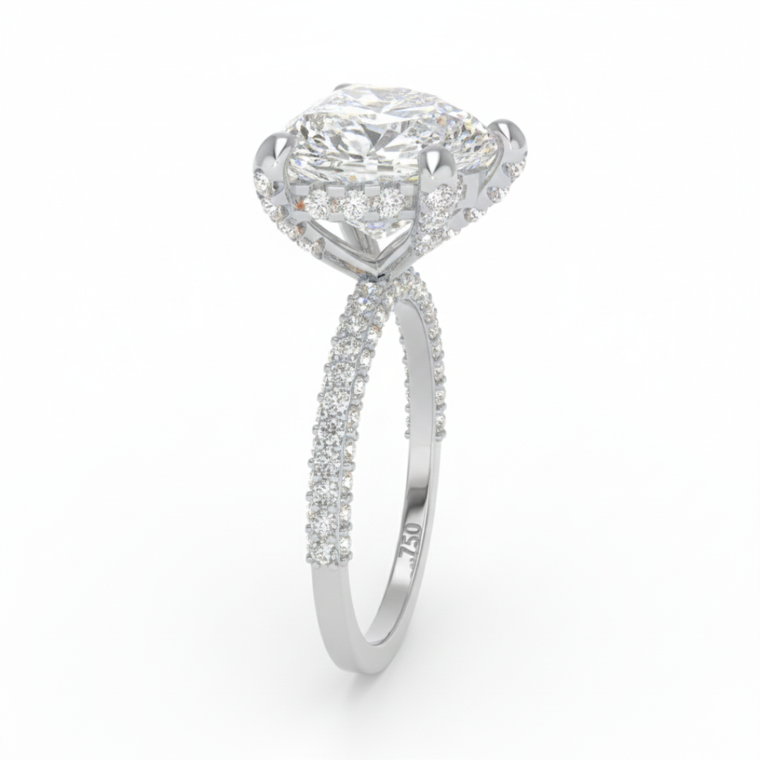 Bague de fiançailles Mia en diamant taille cœur avec halo de diamants cachés et anneau en diamant 3D