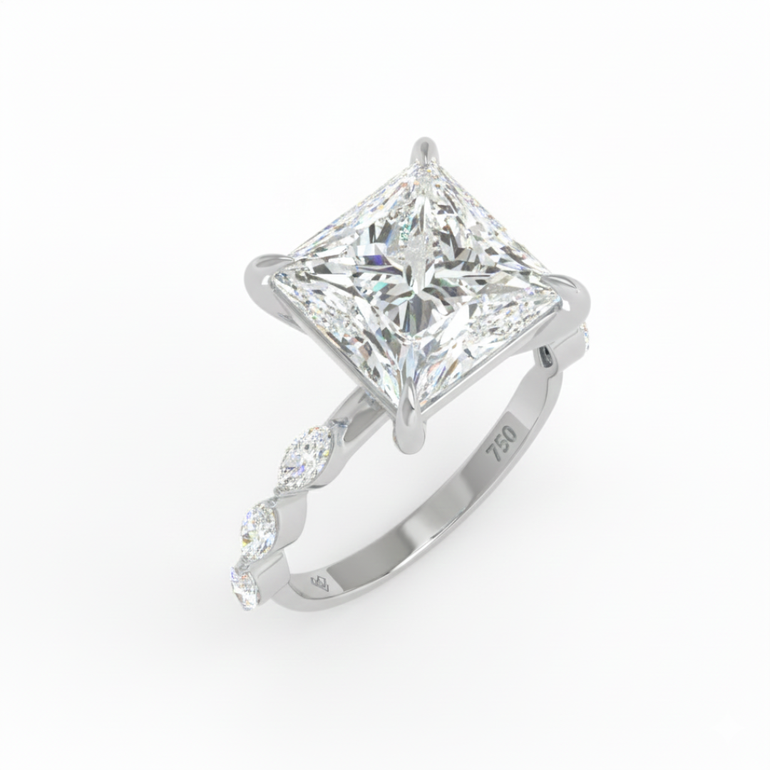 Kasandra Princess Cut Diamond Engagement Ring With A Marquise Cut and Diamond Band
