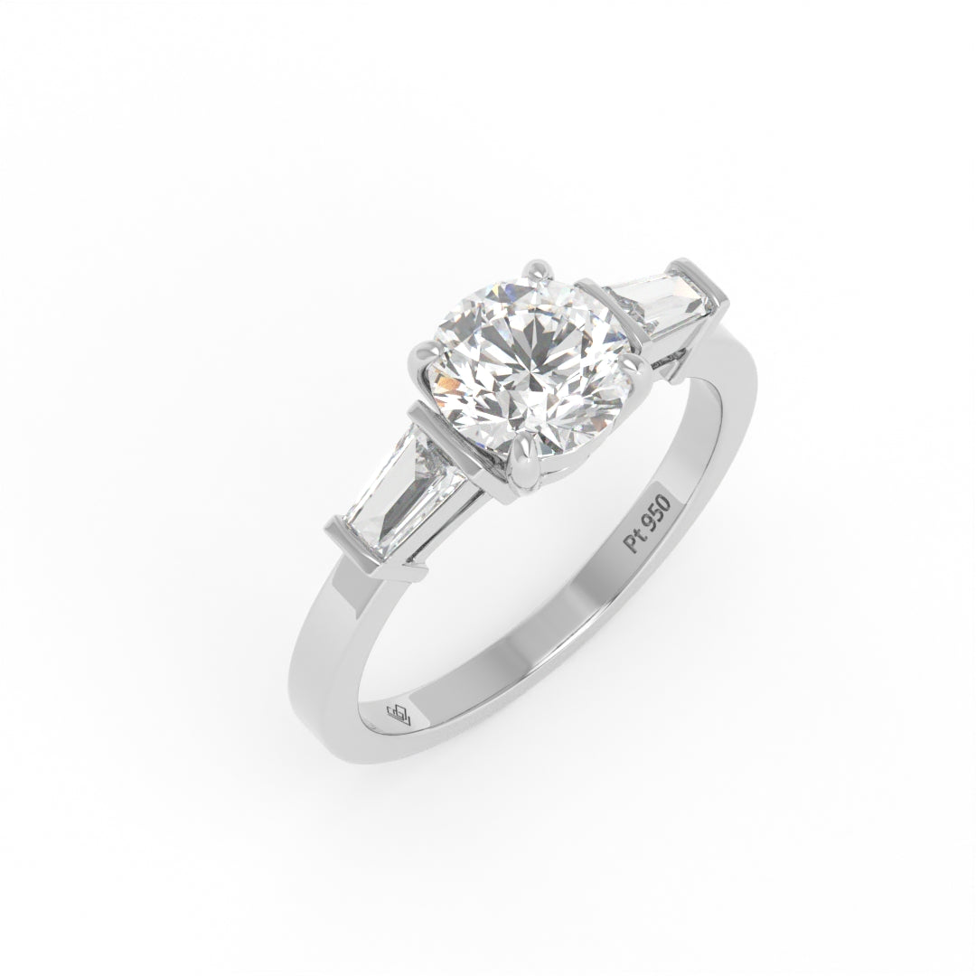 Mary Round Brilliant Cut Diamond Engagement Ring With Tapering Baguette Cut Side Diamond