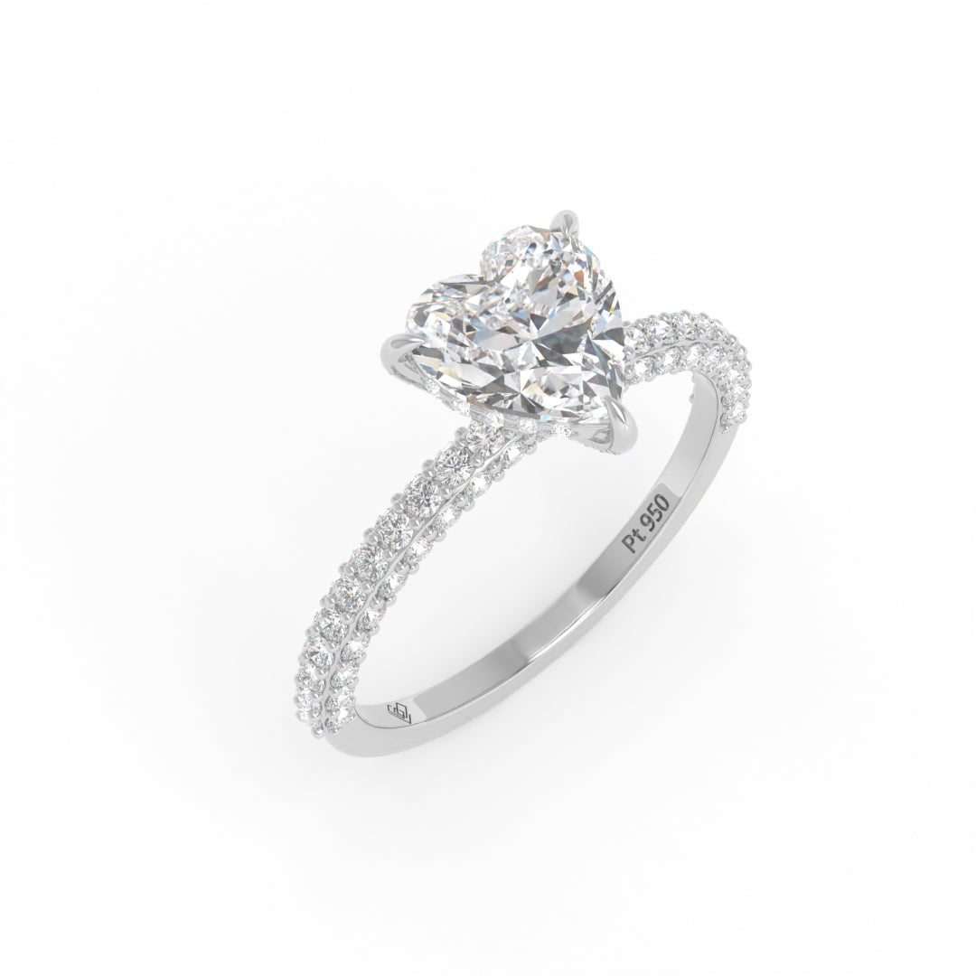 Bague de fiançailles Mia en diamant taille cœur avec halo de diamants cachés et anneau en diamant 3D