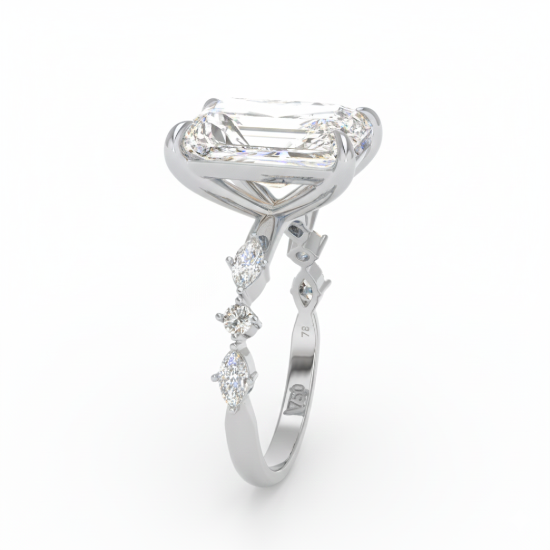 Elizabeth Radiant Cut Diamond Engagement Ring With A Marquise And Round Cut Diamond Band