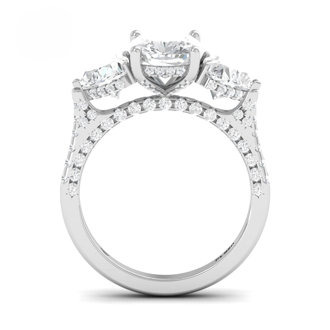 Victoria Cushion Cut Diamond Engagement Ring with Heart Cut Side Diamonds and 3D Diamond Band