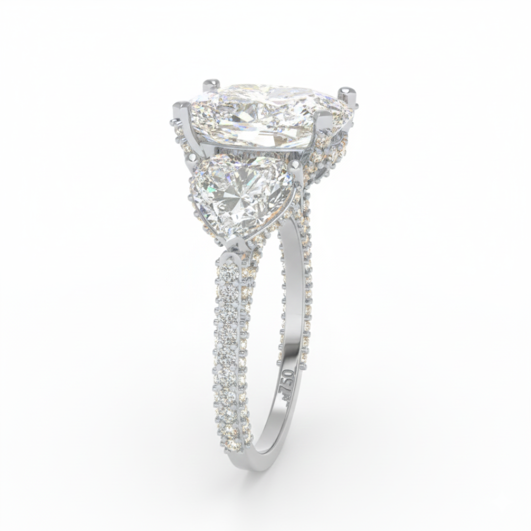 Victoria Cushion Cut Diamond Engagement Ring with Heart Cut Side Diamonds and 3D Diamond Band