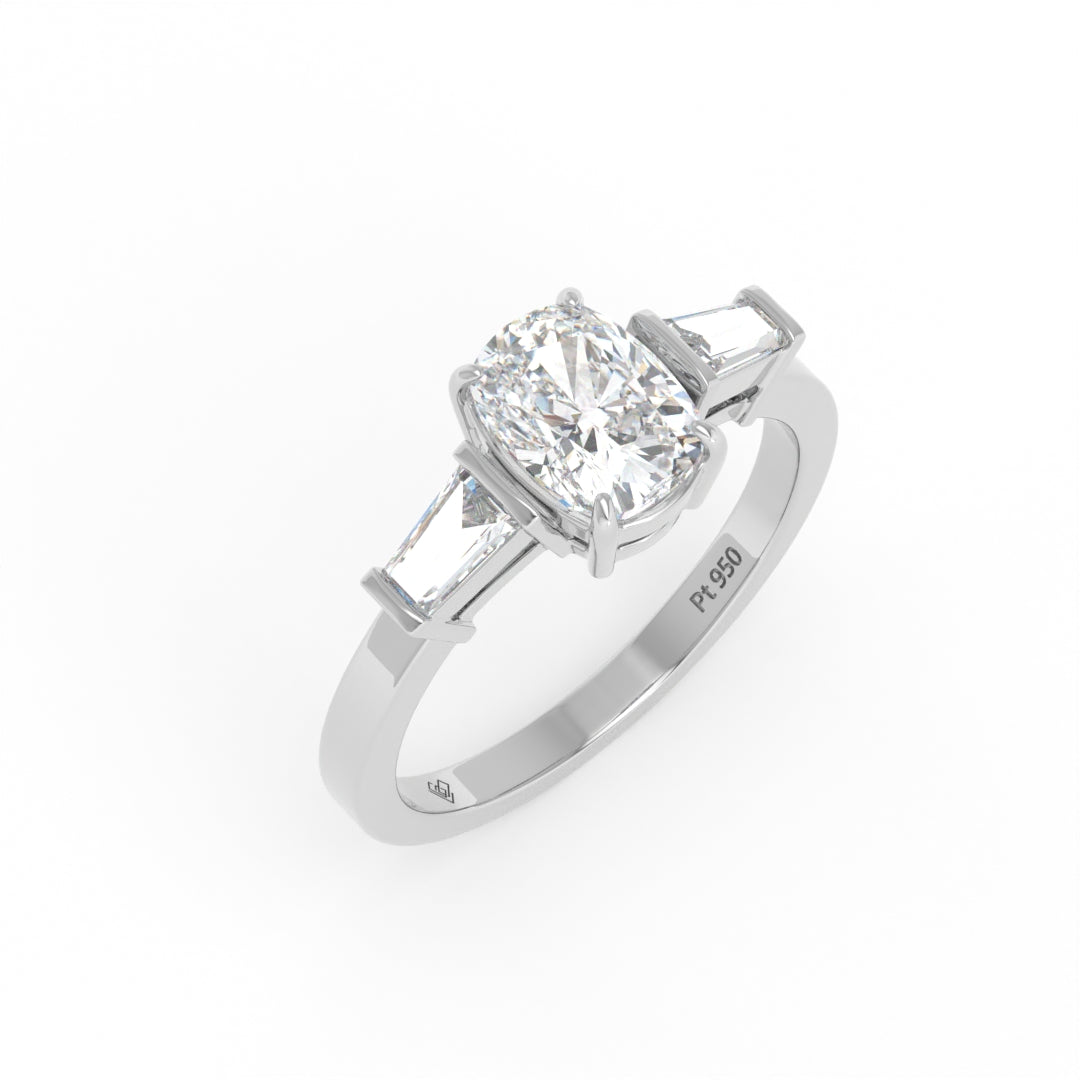 Mary Cushion Cut Diamond Engagement Ring with Tapering Baguette Cut Side Diamonds