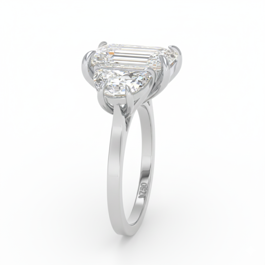 Kamala Emerald Cut Diamond Engagement Ring with Half Moon Cut Sides Diamonds