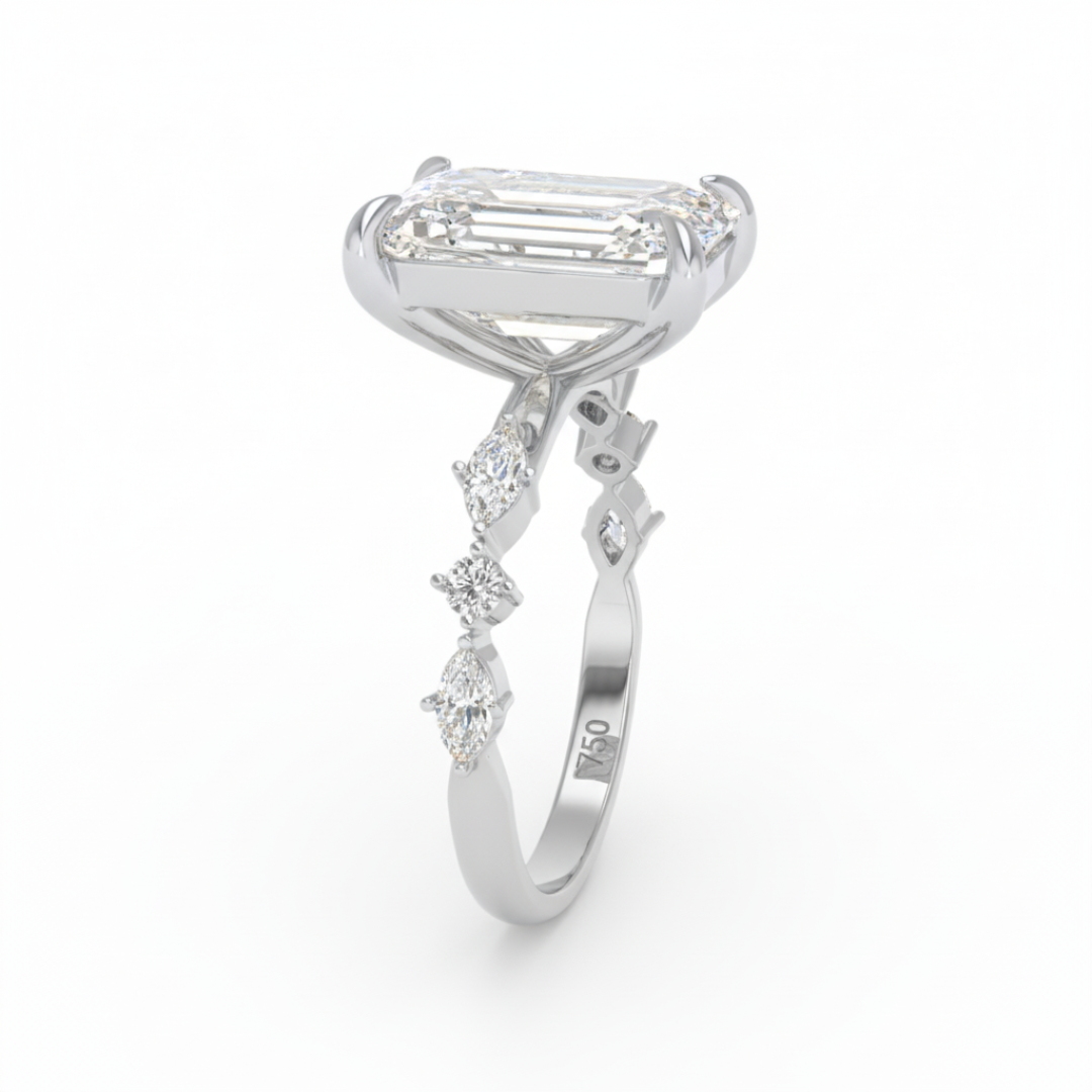 Elizabeth Emerald Cut Diamond Engagement Ring With A Marquise and Round Cut Diamond Band