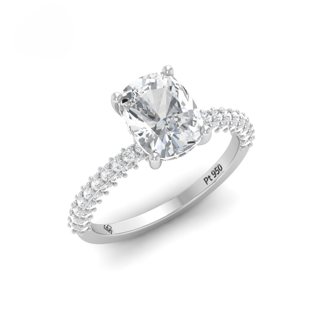 Mia Cushion Cut Diamond Engagement Ring with Diamond Hidden Halo and 3D Diamond Band