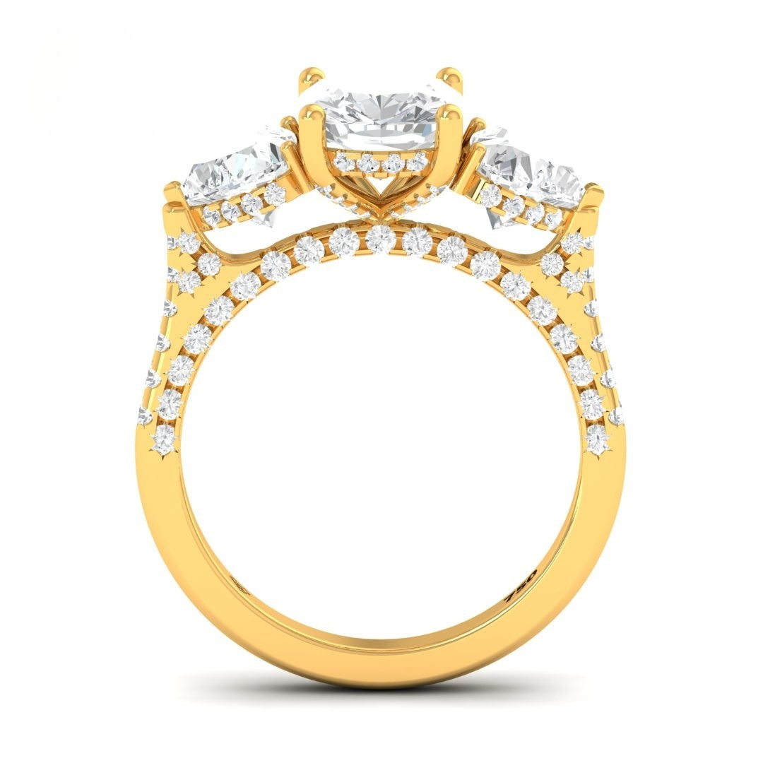 Victoria Cushion Cut Diamond Engagement Ring with Heart Cut Side Diamonds and 3D Diamond Band