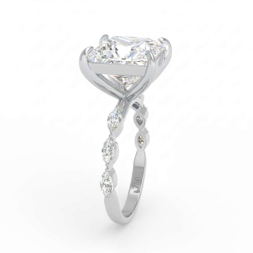 Kasandra Princess Cut Diamond Engagement Ring With A Marquise Cut and Diamond Band
