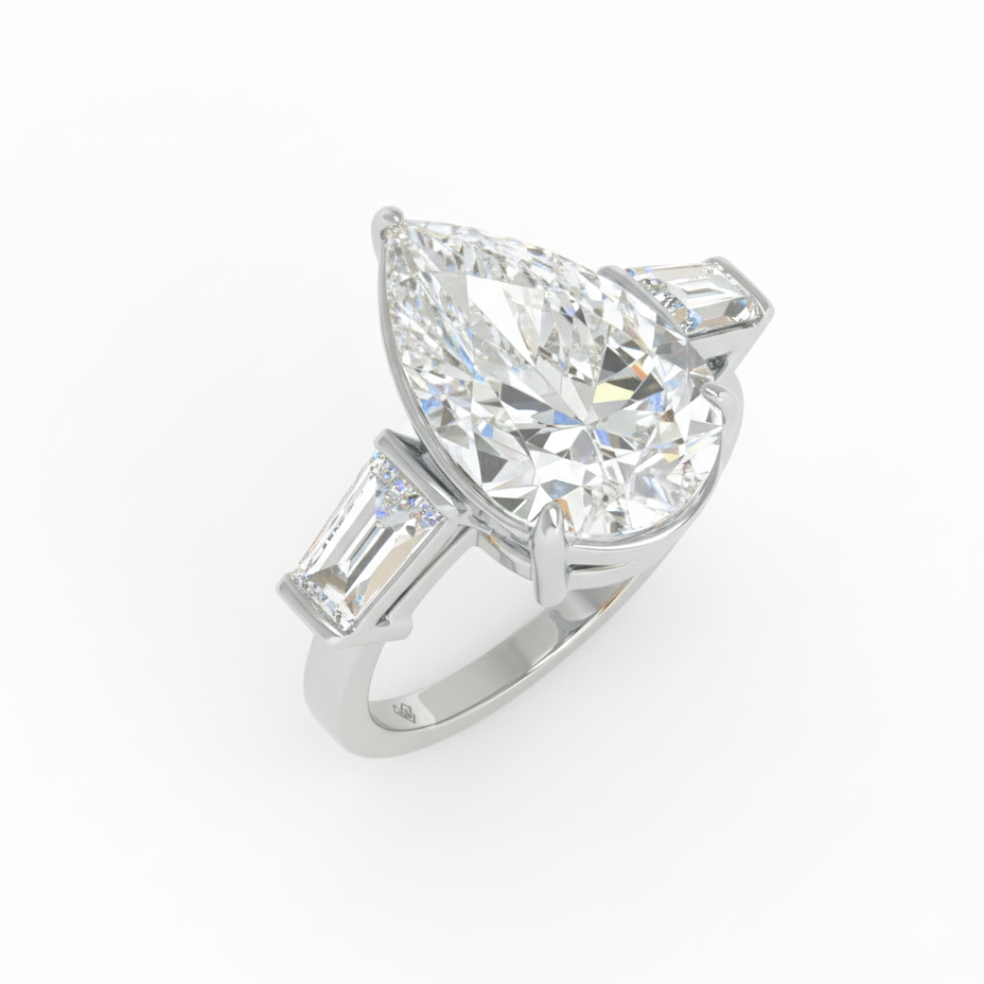 Mary Pear Cut Diamond Engagement Ring With Tapering Baguettes Cut Side Diamonds