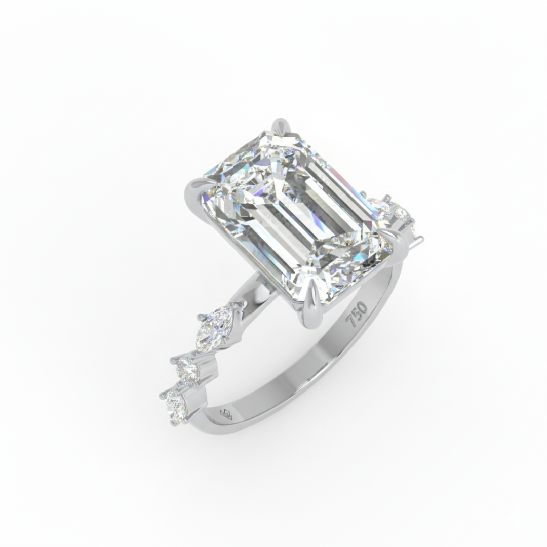 Elizabeth Emerald Cut Diamond Engagement Ring With A Marquise and Round Cut Diamond Band