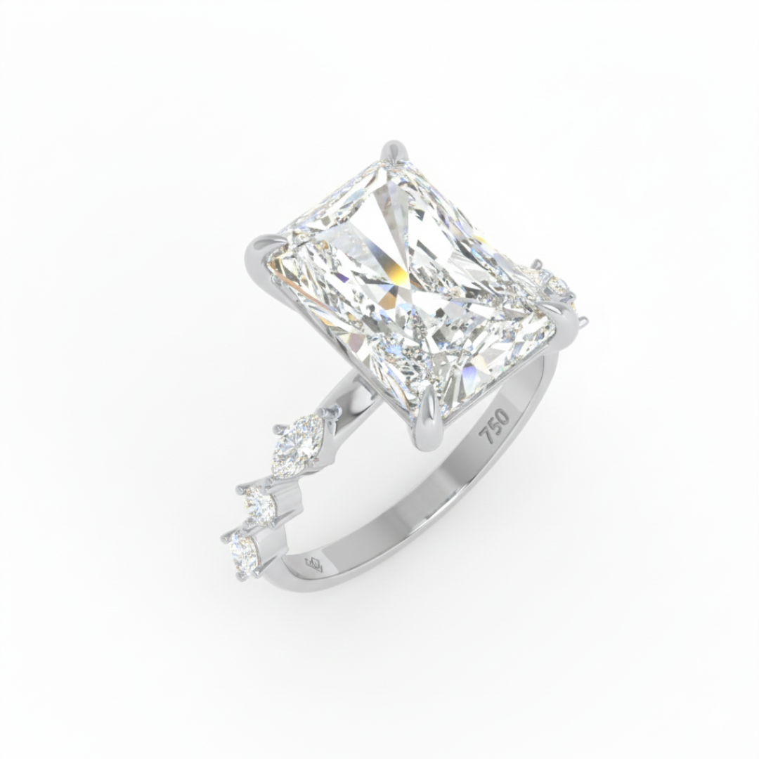 Elizabeth Radiant Cut Diamond Engagement Ring With A Marquise And Round Cut Diamond Band