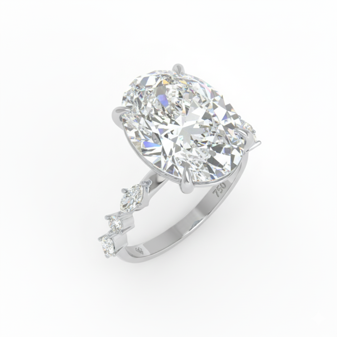 Elizabeth Oval Cut Diamond Engagement Ring With A Marquise And Round Cut Diamond Band.