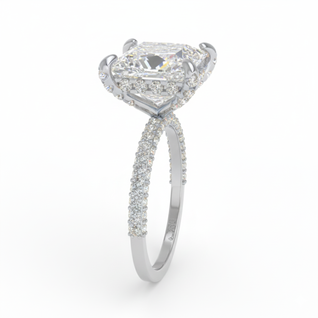 Bague de fiançailles Mia en diamant taille princesse avec halo de diamants cachés et anneau en diamant 3D