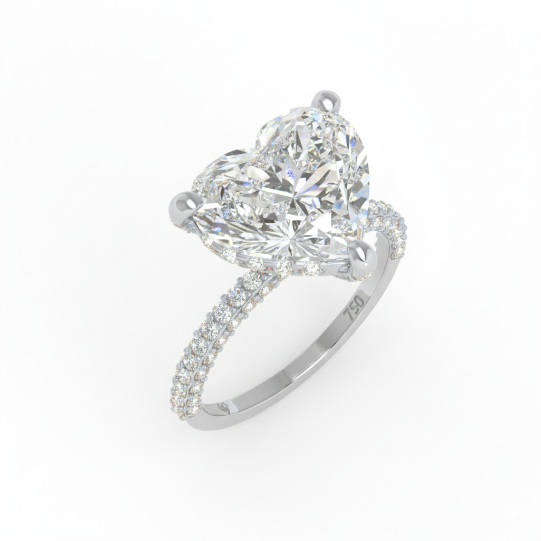Bague de fiançailles Mia en diamant taille cœur avec halo de diamants cachés et anneau en diamant 3D
