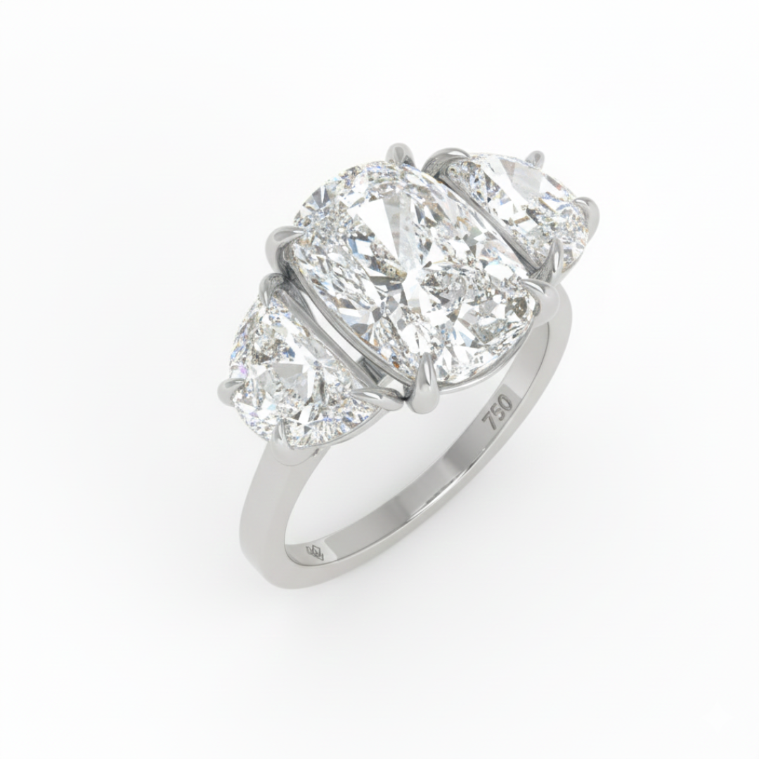 Kamala Cushion Cut Diamond Engagement Ring with Half Moon Cut Side Diamonds