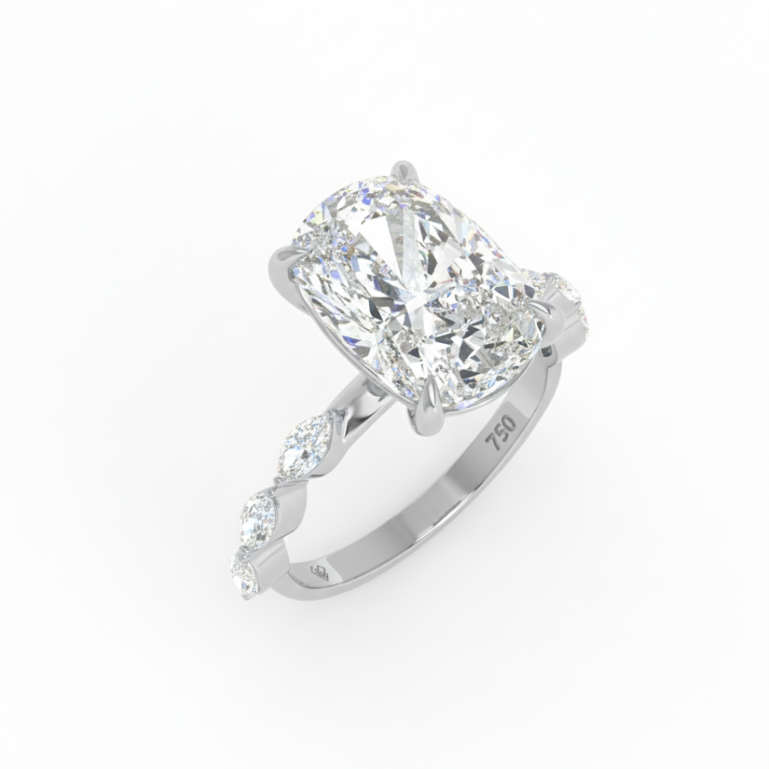 Kasandra Cushion Cut Diamond Engagement Ring With A Marquise Cut Diamond Band