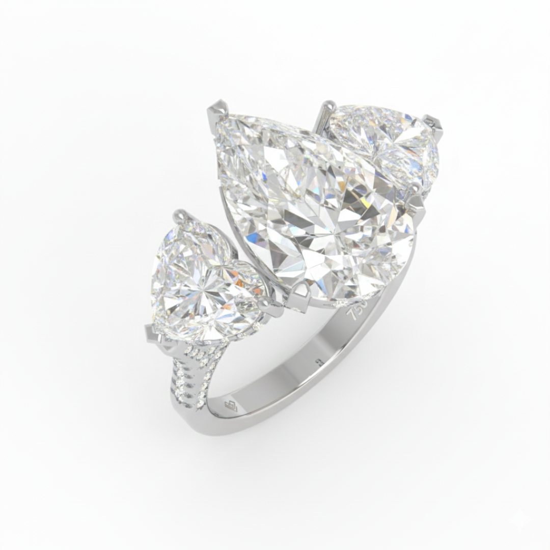 Victoria Pear Cut Diamond Engagement Ring with Heart Cut Side Diamonds and 3D Diamond Band