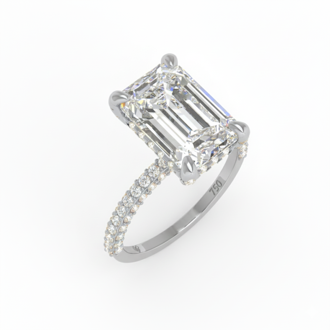 Mia Emerald Cut Diamond Engagement Ring with Diamond Hidden Halo and 3D Diamond Band