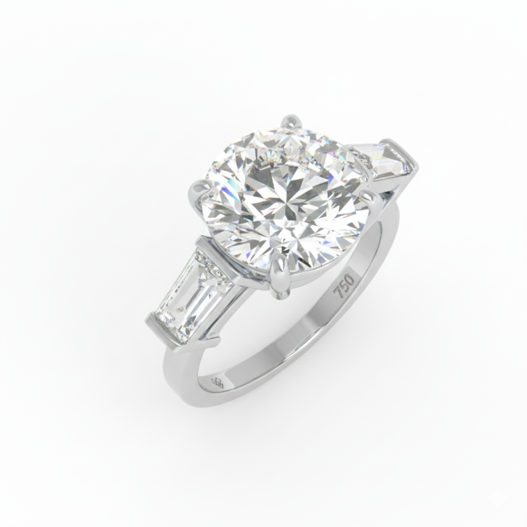 Mary Round Brilliant Cut Diamond Engagement Ring With Tapering Baguette Cut Side Diamond
