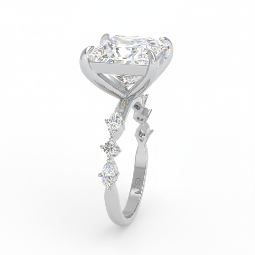 Elizabeth Princess Cut Diamond Engagement Ring With A Marquise and Round Cut Diamond Band