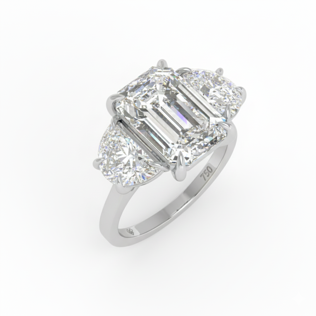Kamala Emerald Cut Diamond Engagement Ring with Half Moon Cut Sides Diamonds