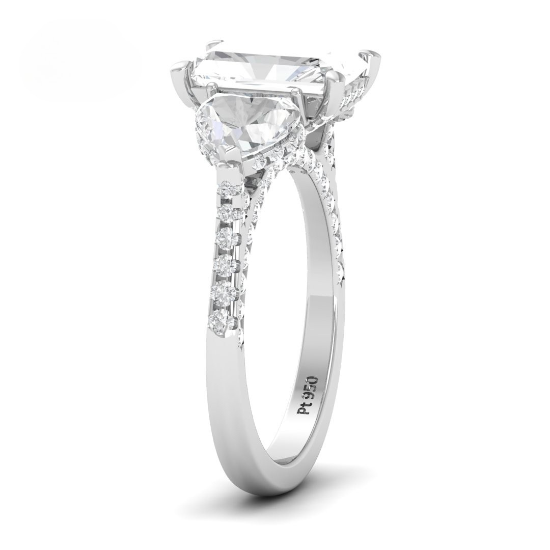 Victoria Radiant Cut Diamond Engagement Ring with Heart Cut Side Diamonds and 3D Diamond Band