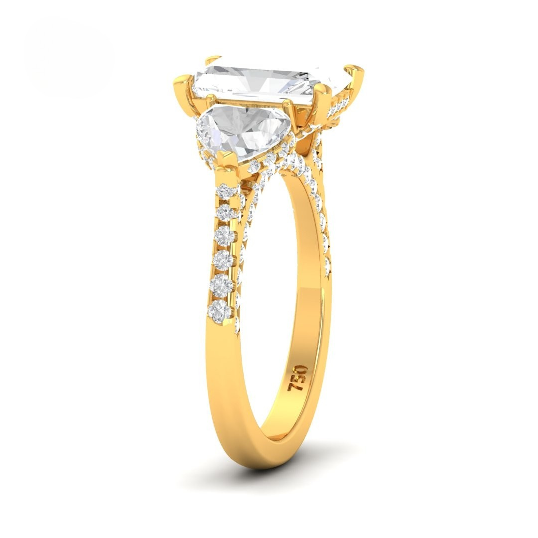 Victoria Radiant Cut Diamond Engagement Ring with Heart Cut Side Diamonds and 3D Diamond Band