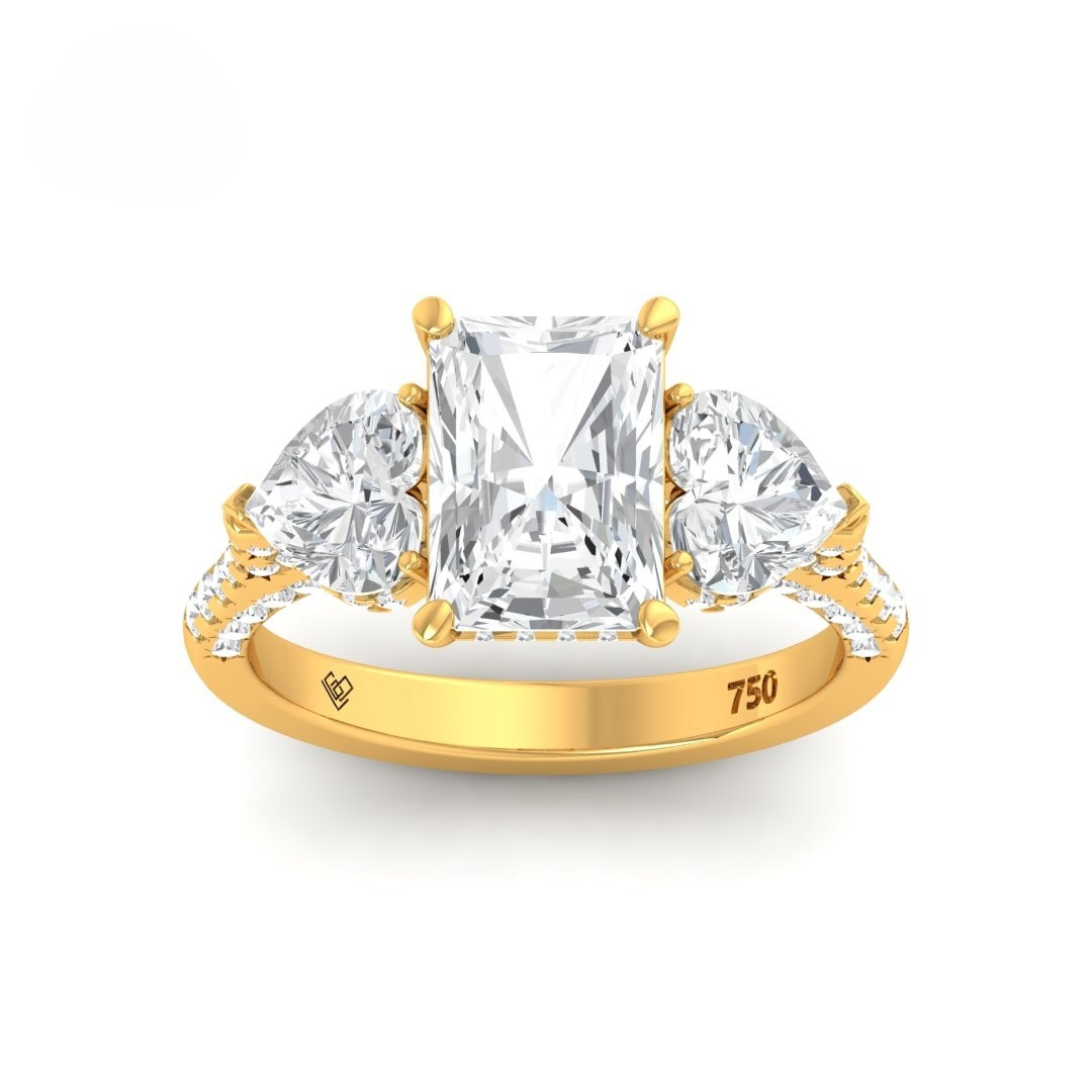 Victoria Radiant Cut Diamond Engagement Ring with Heart Cut Side Diamonds and 3D Diamond Band