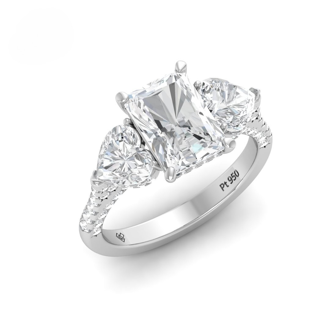Victoria Radiant Cut Diamond Engagement Ring with Heart Cut Side Diamonds and 3D Diamond Band