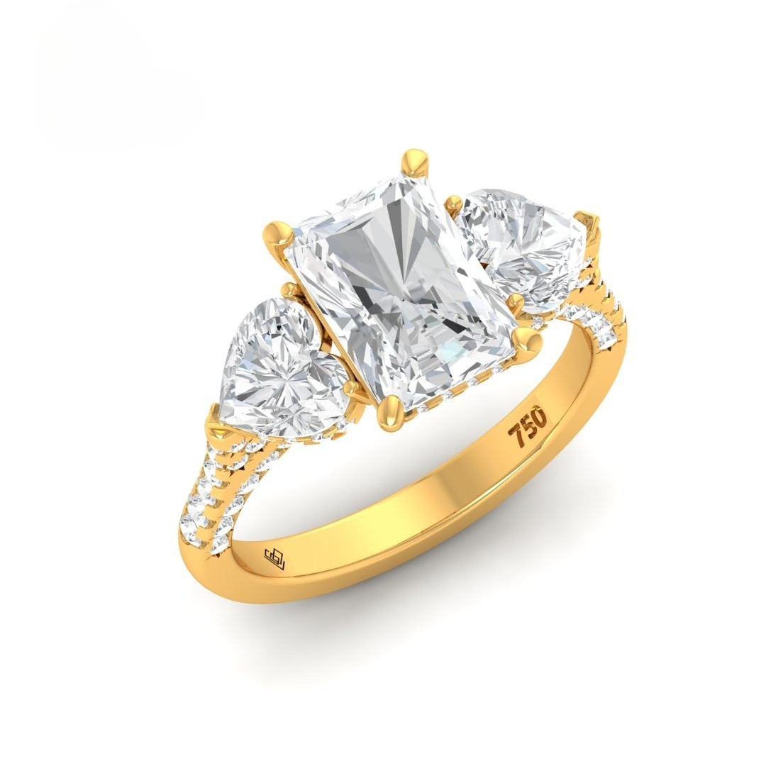 Victoria Radiant Cut Diamond Engagement Ring with Heart Cut Side Diamonds and 3D Diamond Band