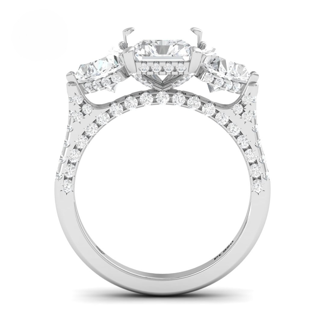 Victoria Radiant Cut Diamond Engagement Ring with Heart Cut Side Diamonds and 3D Diamond Band