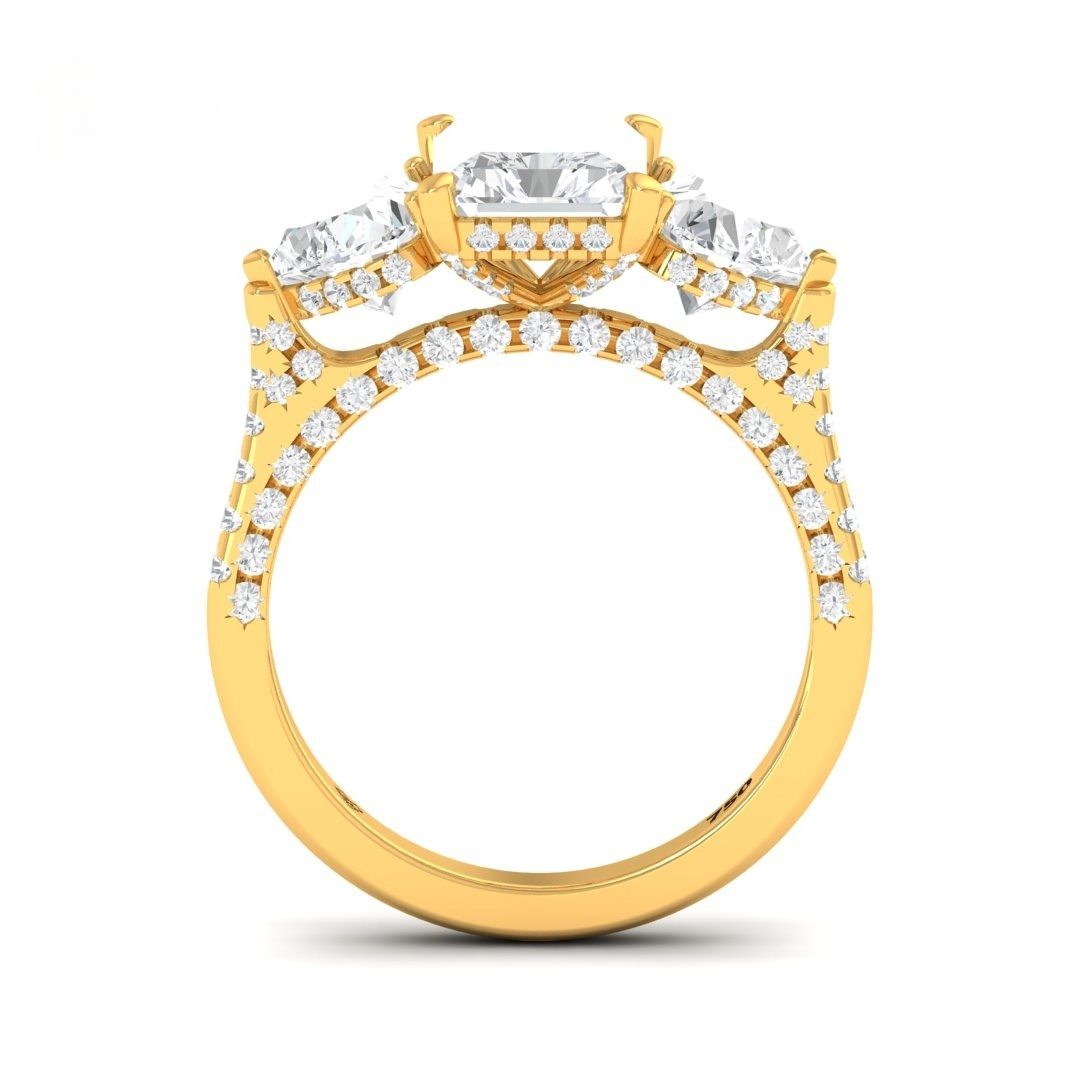 Victoria Radiant Cut Diamond Engagement Ring with Heart Cut Side Diamonds and 3D Diamond Band