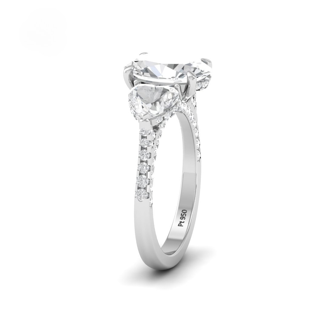 Victoria Oval Cut Diamond Engagement Ring with Heart Cut Side Diamonds and 3D Diamond Band