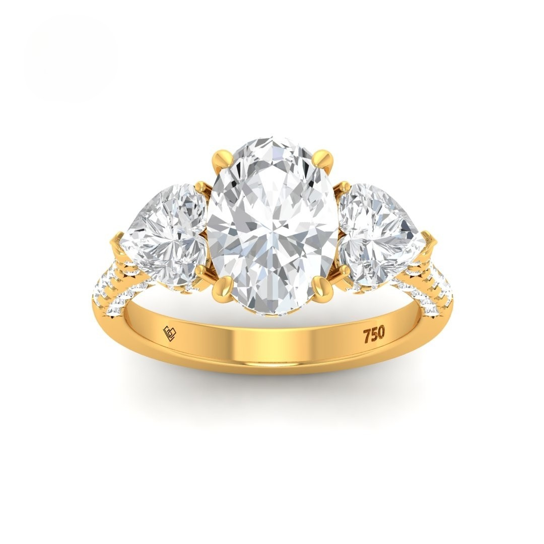 Victoria Oval Cut Diamond Engagement Ring with Heart Cut Side Diamonds and 3D Diamond Band
