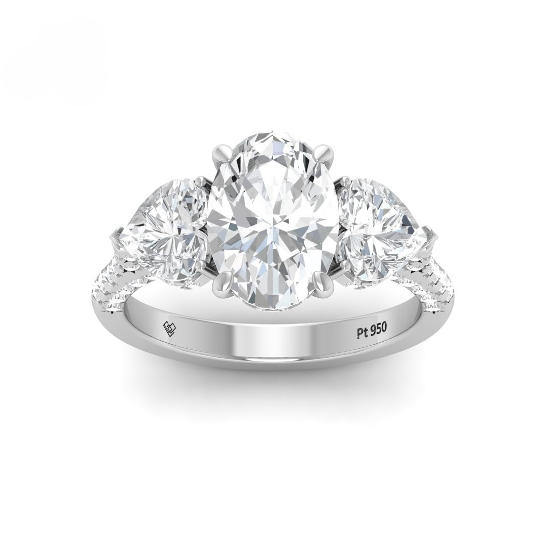 Victoria Oval Cut Diamond Engagement Ring with Heart Cut Side Diamonds and 3D Diamond Band