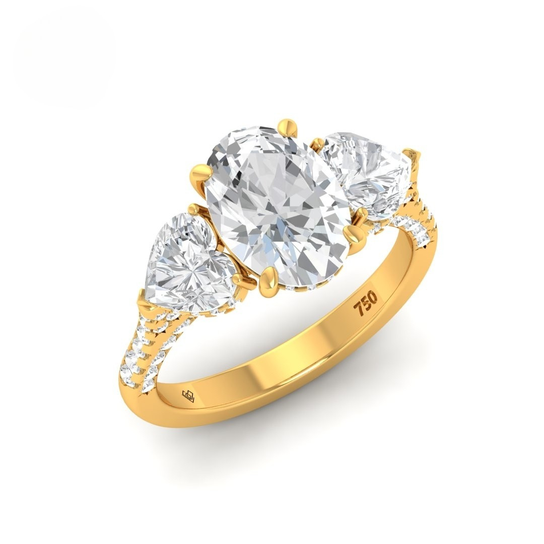 Victoria Oval Cut Diamond Engagement Ring with Heart Cut Side Diamonds and 3D Diamond Band
