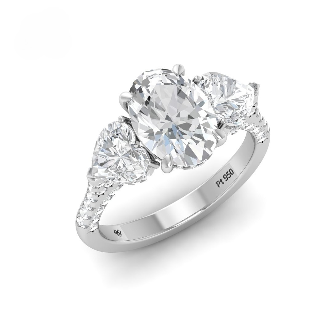 Victoria Oval Cut Diamond Engagement Ring with Heart Cut Side Diamonds and 3D Diamond Band