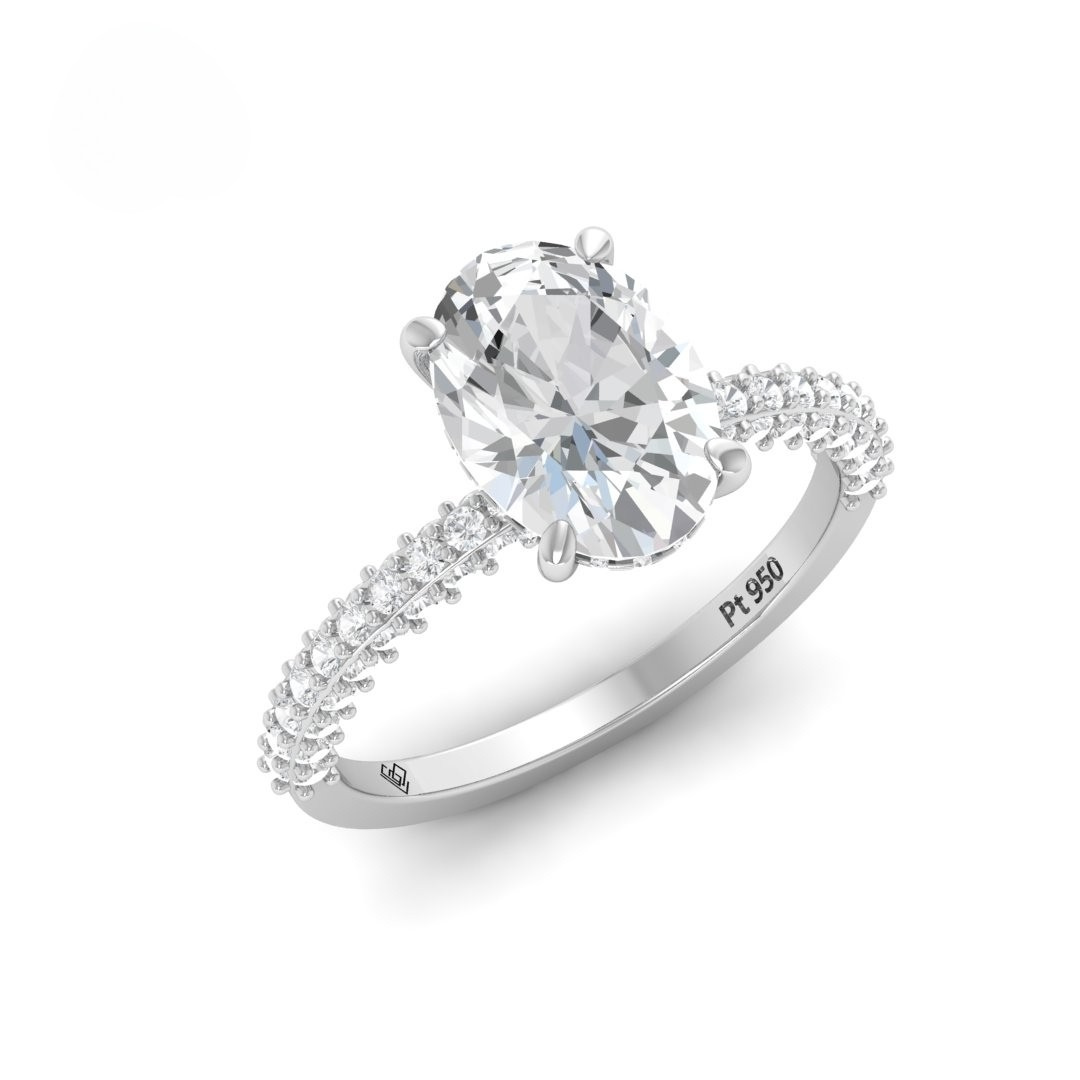 Mia Oval Cut Diamond Engagement Ring With Diamond Hidden Halo And 3D Diamond Band
