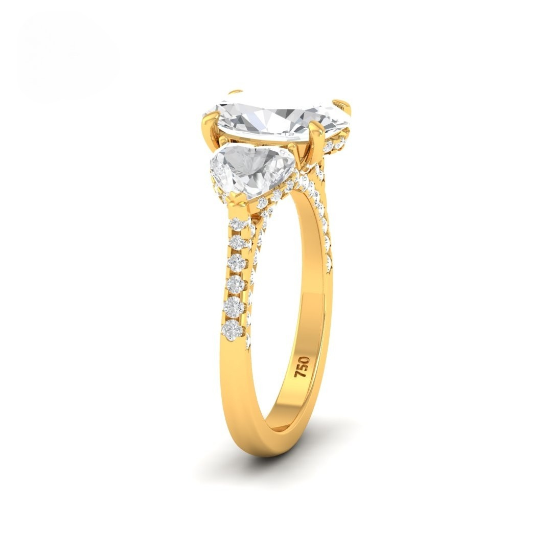 Victoria Oval Cut Diamond Engagement Ring with Heart Cut Side Diamonds and 3D Diamond Band