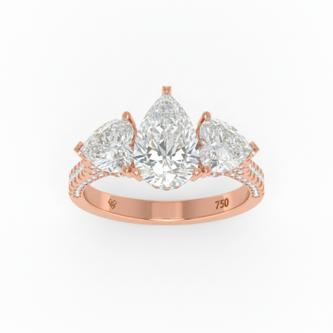 Victoria Pear Cut Diamond Engagement Ring with Heart Cut Side Diamonds and 3D Diamond Band